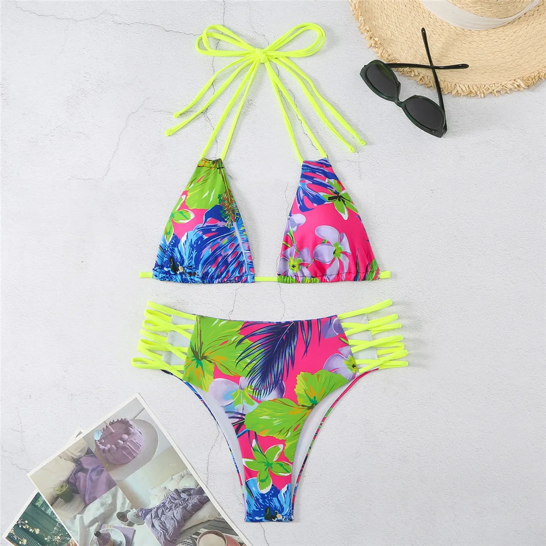 Halter Floral Strappy Bikini Set for Women, Vibrant Two-Piece Swimwear with Mid Waist Fit, Available in Purple Flower, Yellow Flower, Pink Flower, and Hot Pink Flower, Stylish and Refreshing Design for Sun-Drenched Beach Retreats