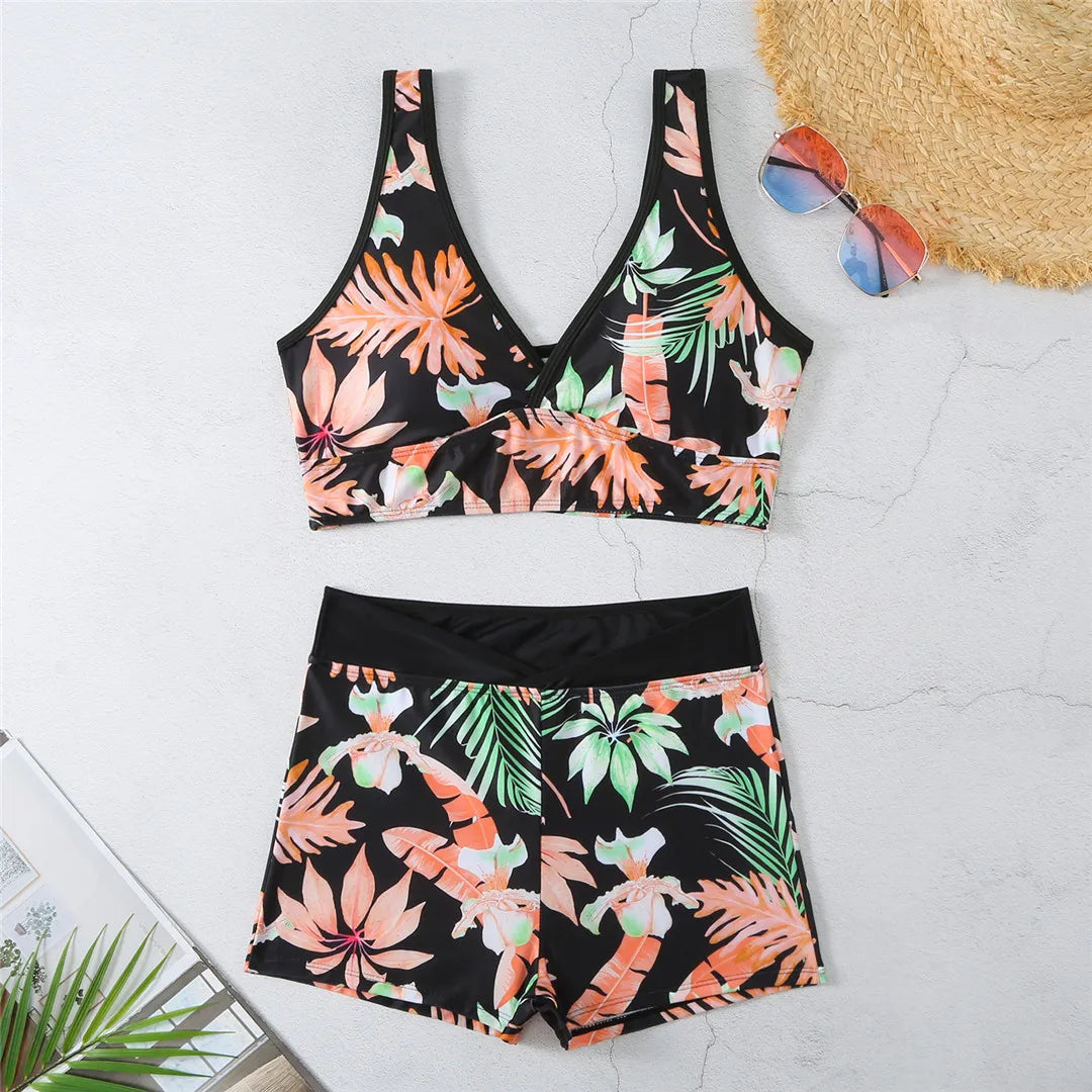 Floral Shorts Bikini Set for Women, Two-Piece Swimwear with Playful Shorts and Mid Waist Fit, Available in Orange Flowers, Orange Blue Flowers, Dark Blue Flowers, Purple Blue Flowers, Purple Flowers, Red Flowers, and Yellow Flowers, Perfect for Sunny Day Adventures