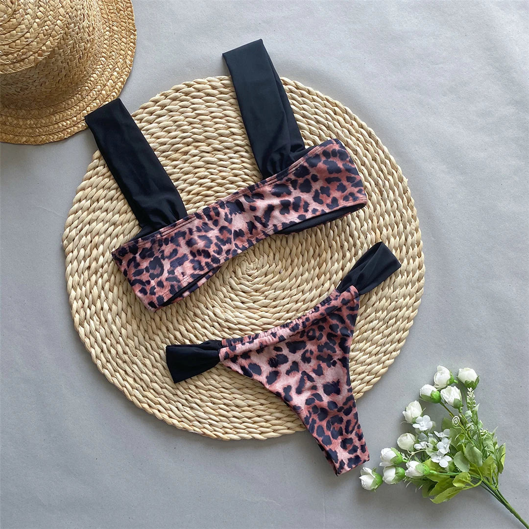 Leopard Splicing High Leg Cut Bikini Set in Leopard, Black and White, Two Piece, Made from Nylon and Spandex, Patchwork Pattern, Wire Free, Low Waist, True to Size, Available Sizes S, M, L, Ideal for Women, In Stock, FreeShipping, Perfect for Adults Aged 18-35