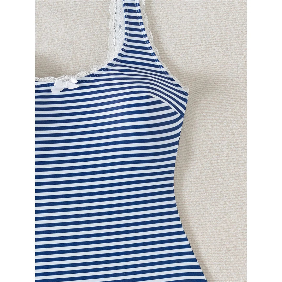 Striped lace backless one-piece swimsuit with high-leg cut and padded support for women.