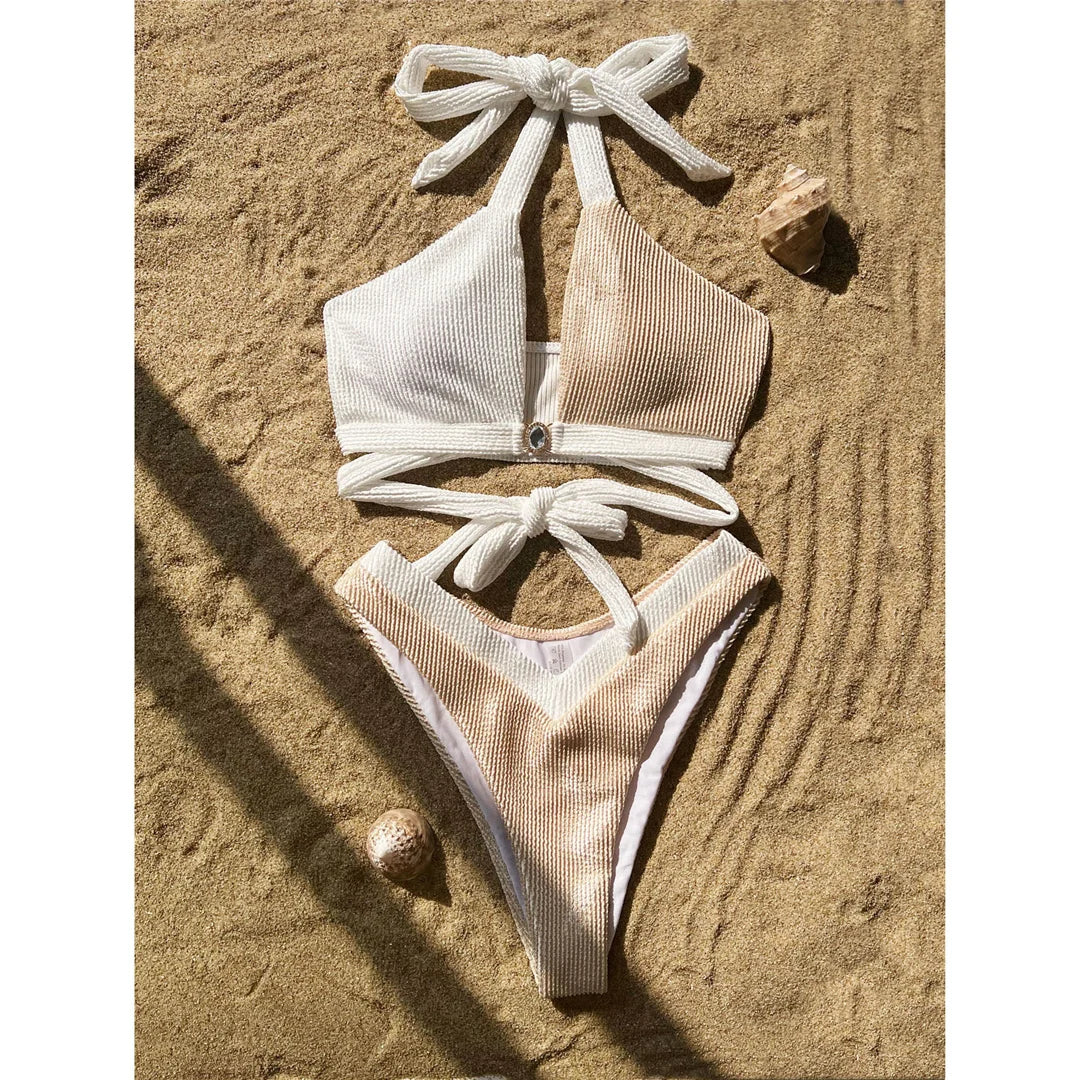 Splicing Wrinkled Two-Piece Bikini Set with Unique Crinkled Fabric Texture, Modern and Fashionable Patchwork Design for Women, Low Waist Swimwear, True to Size from XS to L in Light Coffee color, Ideal for Fashionable Adults