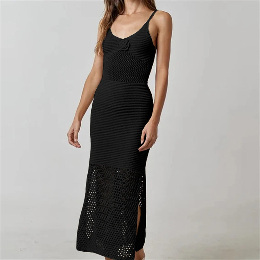 3D Flower Crochet Beach Cover-Up with intricate floral design, solid polyester material, perfect for stylish seaside and poolside lounging.