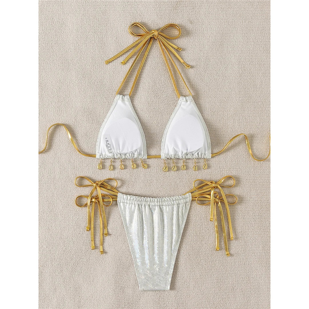 Shiny sequins halter bikini set, high-leg design, polyester spandex blend, wire-free support, low waist, women's solid two-piece swimwear, elegant and eye-catching style.