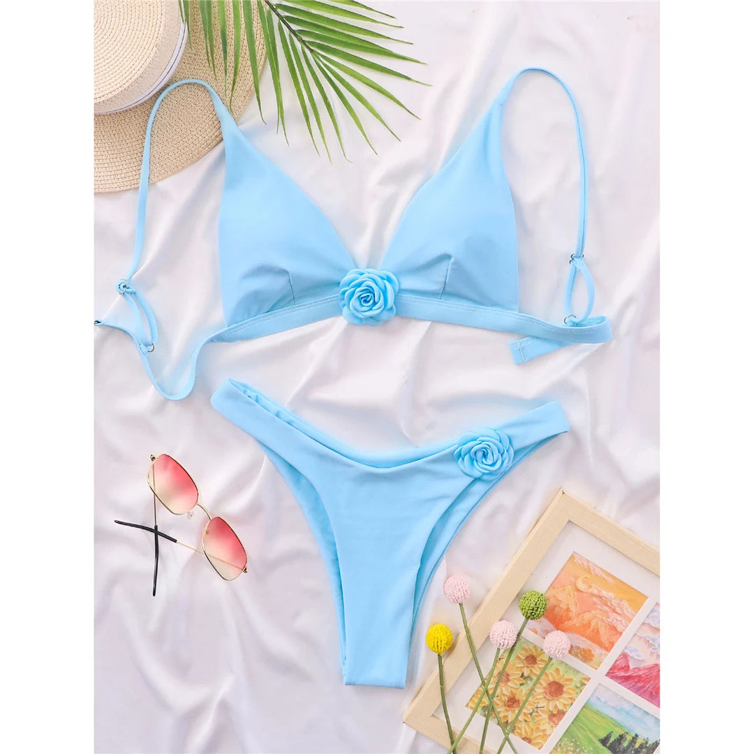 3 Colors High Leg Cut Bikini with 3D Flowers in Sky Blue, Red and Beige, Made of Nylon and Spandex, Wire Free and Low Waist, Fits True to Size for Women aged 18-35 and Adults, Available in Stock with Free Shipping