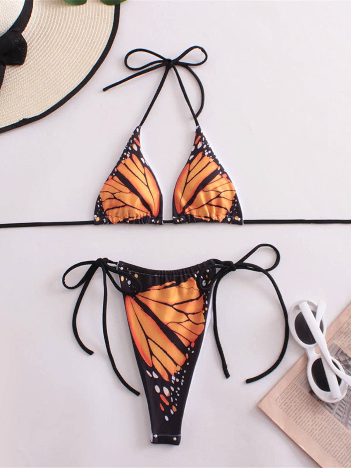 Summer Butterfly Printed Halter Bikini Set in Multiple Colors, Comfortable Two-Piece Swimwear for Women, Fits True to Size, Bikini Designed with Nylon and Spandex for All Day Comfort, Wire Free Low Waist Bikini Set, Ideal for Beach Adventures, Available in Small, Medium, Large Sizes, Offered in Colors Blue, Green, Pink, Red with Butterfly Print, New and In Stock with Free Shipping