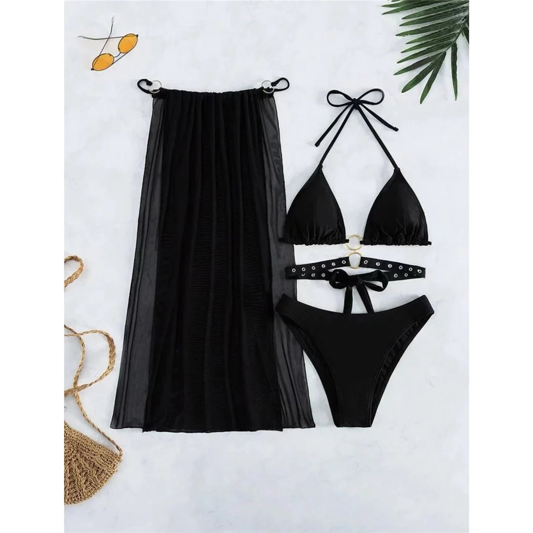 Halter Bikini Set & High Split Skirt | Alluring Three-Piece
