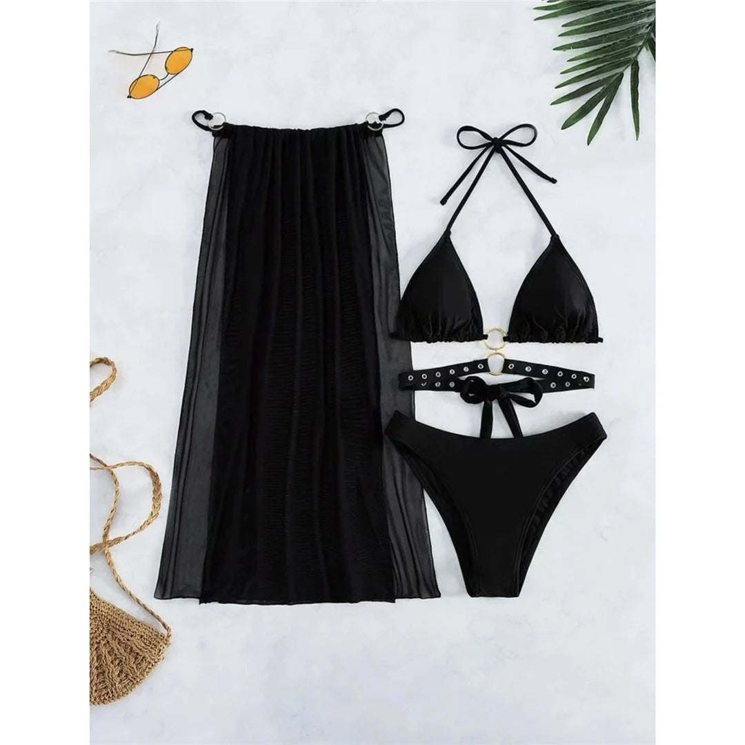Halter Bikini Set with High Split Skirt, Three Piece Swimwear Ensemble, Made of Nylon and Spandex, Solid Black, Wire-Free Support, Low Waist Design, True to Size, Women's Bikini Set, Comes with Padding, Available in Sizes Small, Medium, Large, Free Shipping.