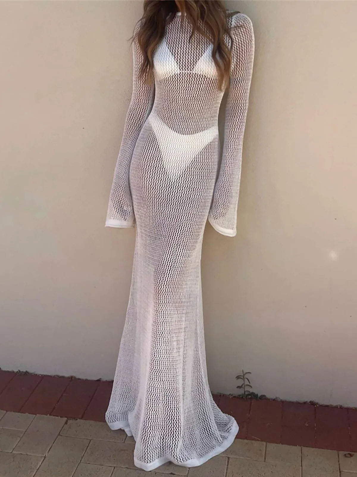 Bohemian Style Long Sleeve Crochet Tunic in Solid Blue, Green, and White Colors, Perfect as a Beach Cover Up, Features a Hollow-Out Knitted Design, Crafted from Nylon, Polyester, Rayon, and Cotton, Fits True to Size, Perfect for Women Aged 25-34 Seeking Comfort and Chic Beach Style.