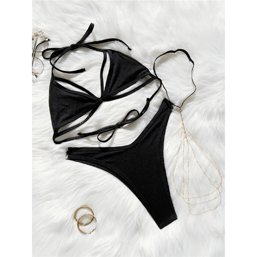 Cut Out Brazilian Bikini Set with Garter, Two Piece, Cheeky Style in Solid Black, Made from Nylon and Spandex, Available in Sizes S to XL, Fits True to Size for Women aged 18-35 and Adults, In Stock with Free Shipping