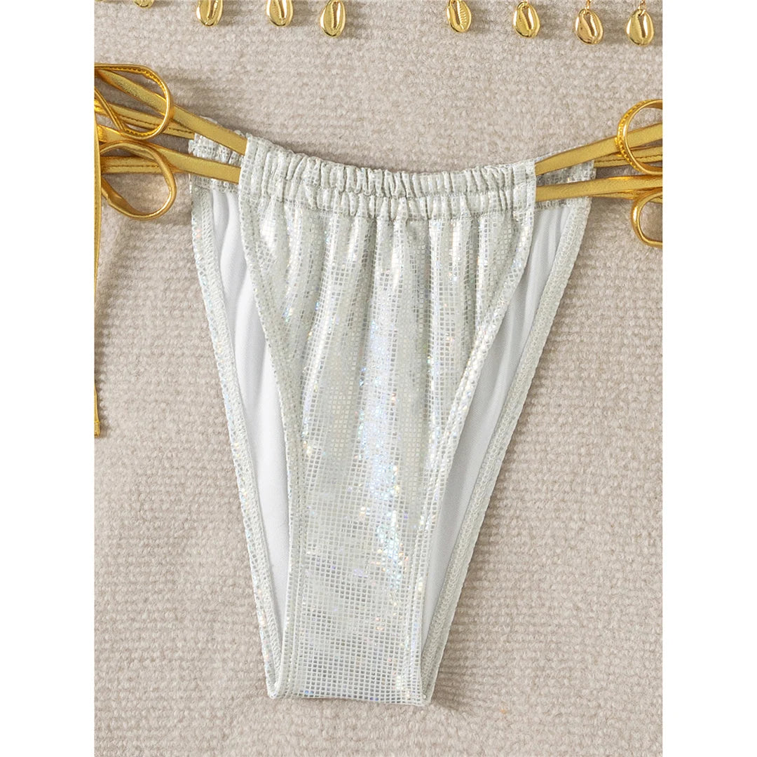 Shiny sequins halter bikini set, high-leg design, polyester spandex blend, wire-free support, low waist, women's solid two-piece swimwear, elegant and eye-catching style.