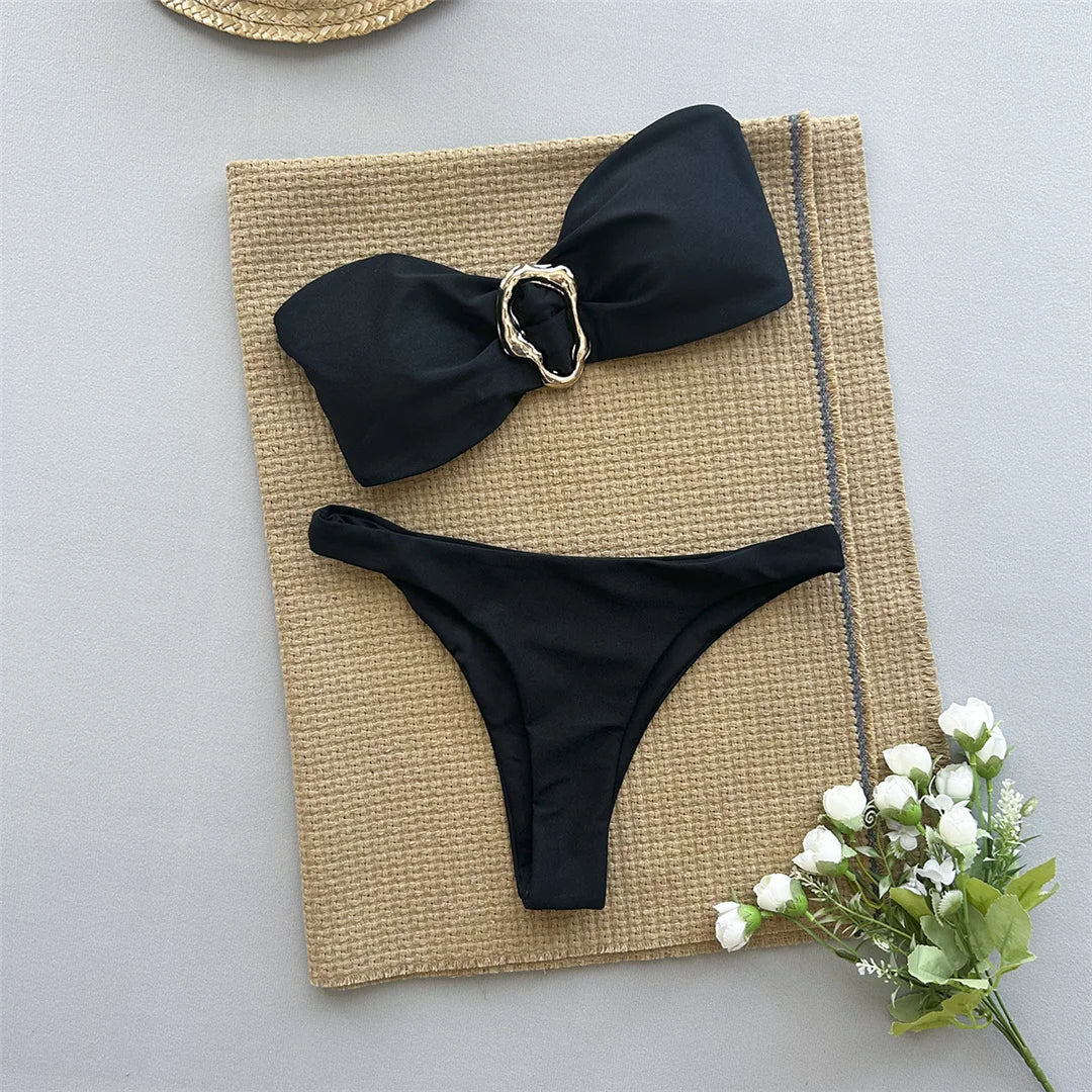 Bandeau Metal Ring Bikini, sleek bandeau top, chic metal ring detail, Polyester Spandex material, solid pattern, wire-free support, low waist design, women's bikini set, available in red and black.