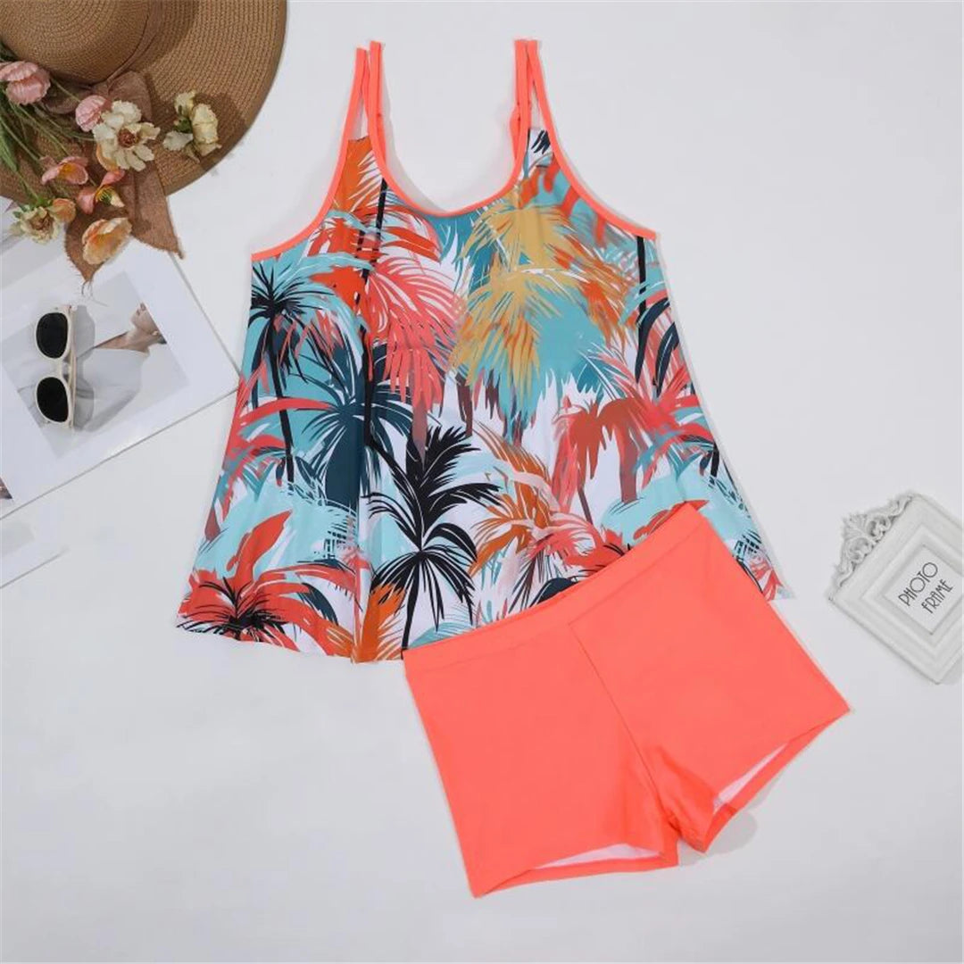 Plus-size printed bikini set, polyester spandex blend, wire-free support, high waist, women&#39;s swimwear, two-piece beachwear, chic and comfortable design.