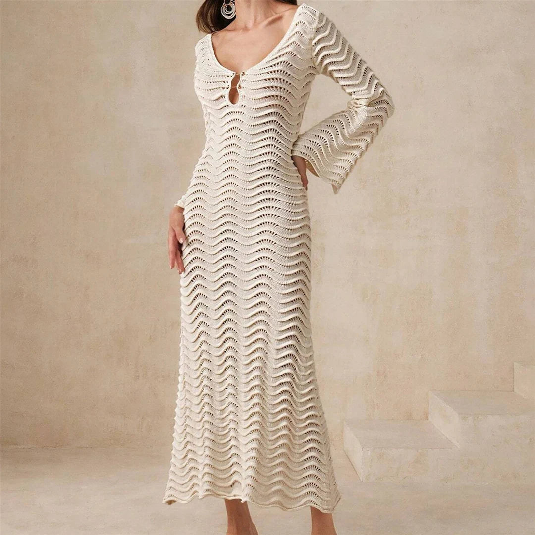 Long sleeve backless crochet knitted tunic with wrinkled pattern in solid colors for a chic beach cover-up.
