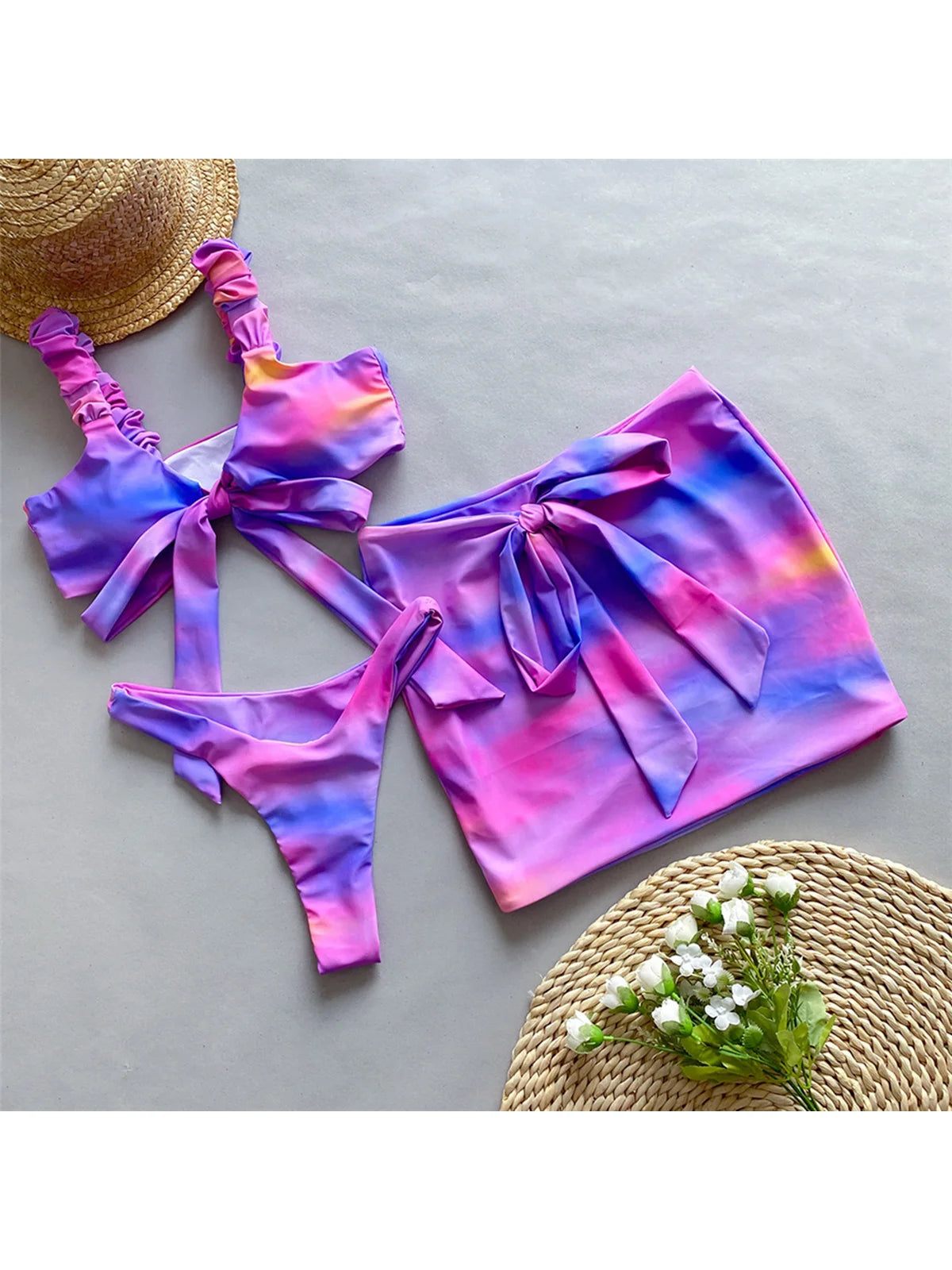Tie Dye Knotted High Cut Bikini Set with Skirt, Three Piece Set, Made of Nylon and Spandex, Wire Free, Low Waist, True to Size, Available in Women Sizes Small, Medium, and Large, Radiant Purple Tie Dye Color, CUVATI Brand, Free Shipping.
