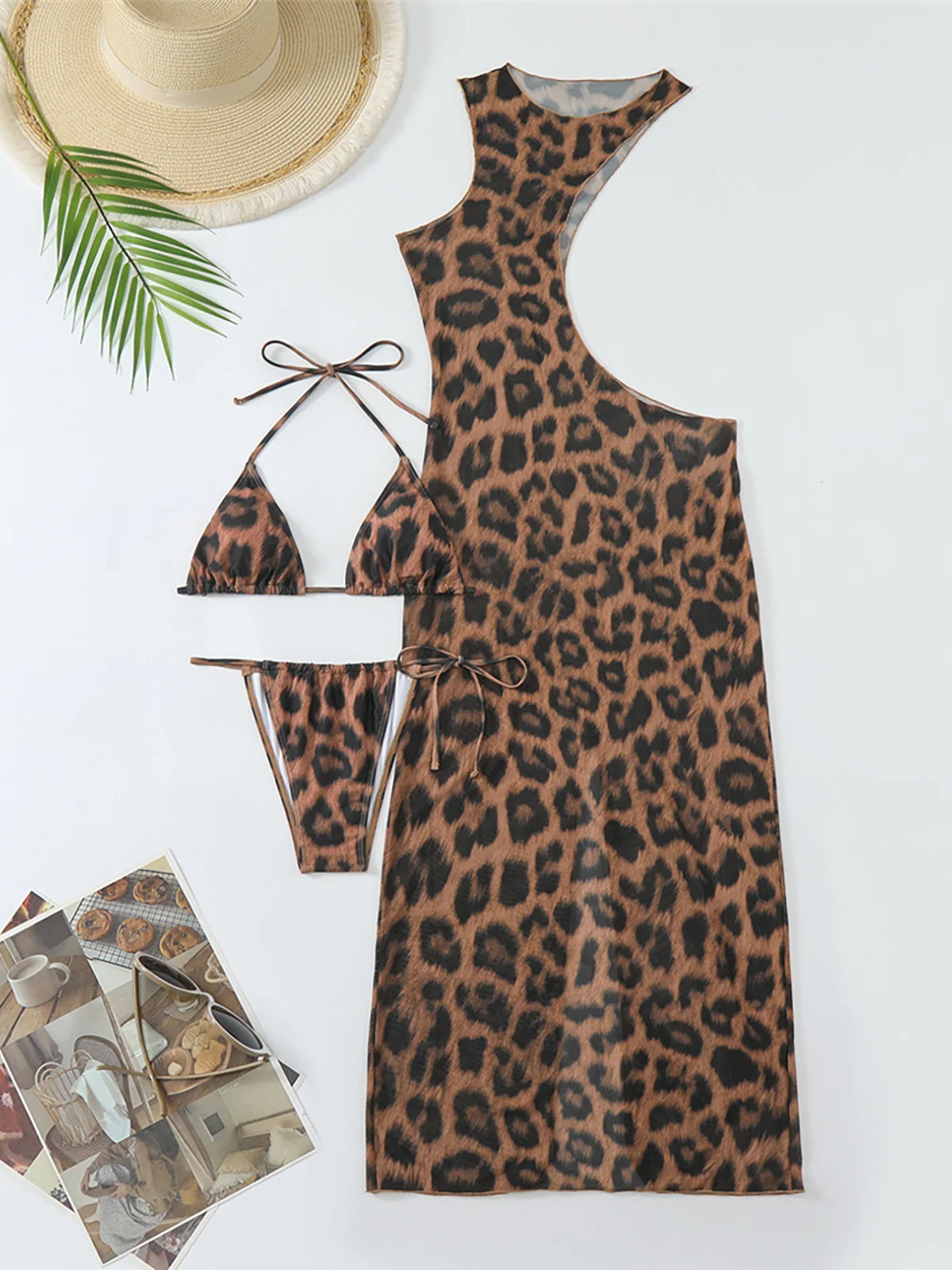 Fierce Leopard Print Halter Bikini Set with Coordinating Cover-Up, Chic Untamed Design, True to Size fits from XS to L for Women, Perfect for Bold and Spirited Beach or Poolside Look, Comes in Classic Leopard Pattern