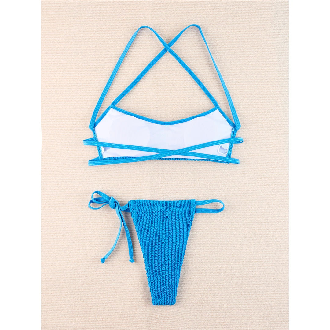 Bikini set with stylish crinkled texture, high cut, cross back, nylon, spandex, solid, wire free, low waist, women, two piece in black, blue, green, white, dark pink, multicolor.