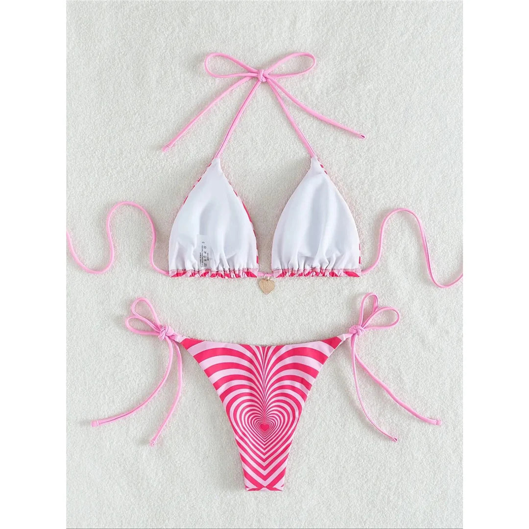 Gradient Halter Strappy High Leg Cut Bikini set with stunning gradient pattern, Polyester Spandex material, halter neckline, strappy details, wire-free, low waist design, enhances silhouette for a modern aesthetic.