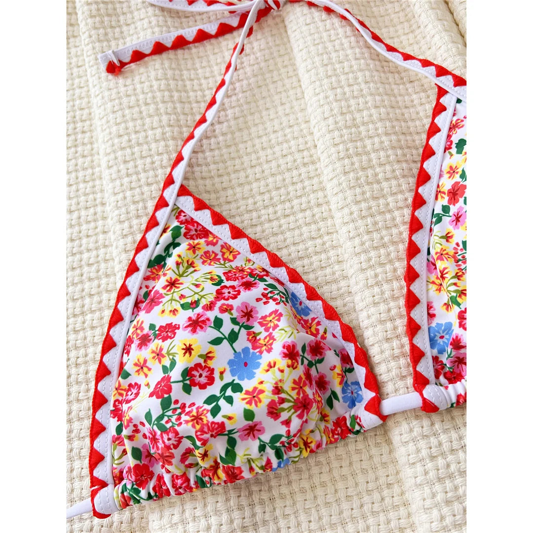 Feminine Floral Printed Halter Bikini Set for Women, Features a Brazilian Cut and Vibrant Patterns, Two-Piece Swimsuit, Fits True to Size, Available in Sizes S to XL, Material: Nylon and Spandex, Low Waist, Wire Free, Ideal for Soaking Up the Sun, Red Color, Includes Padding