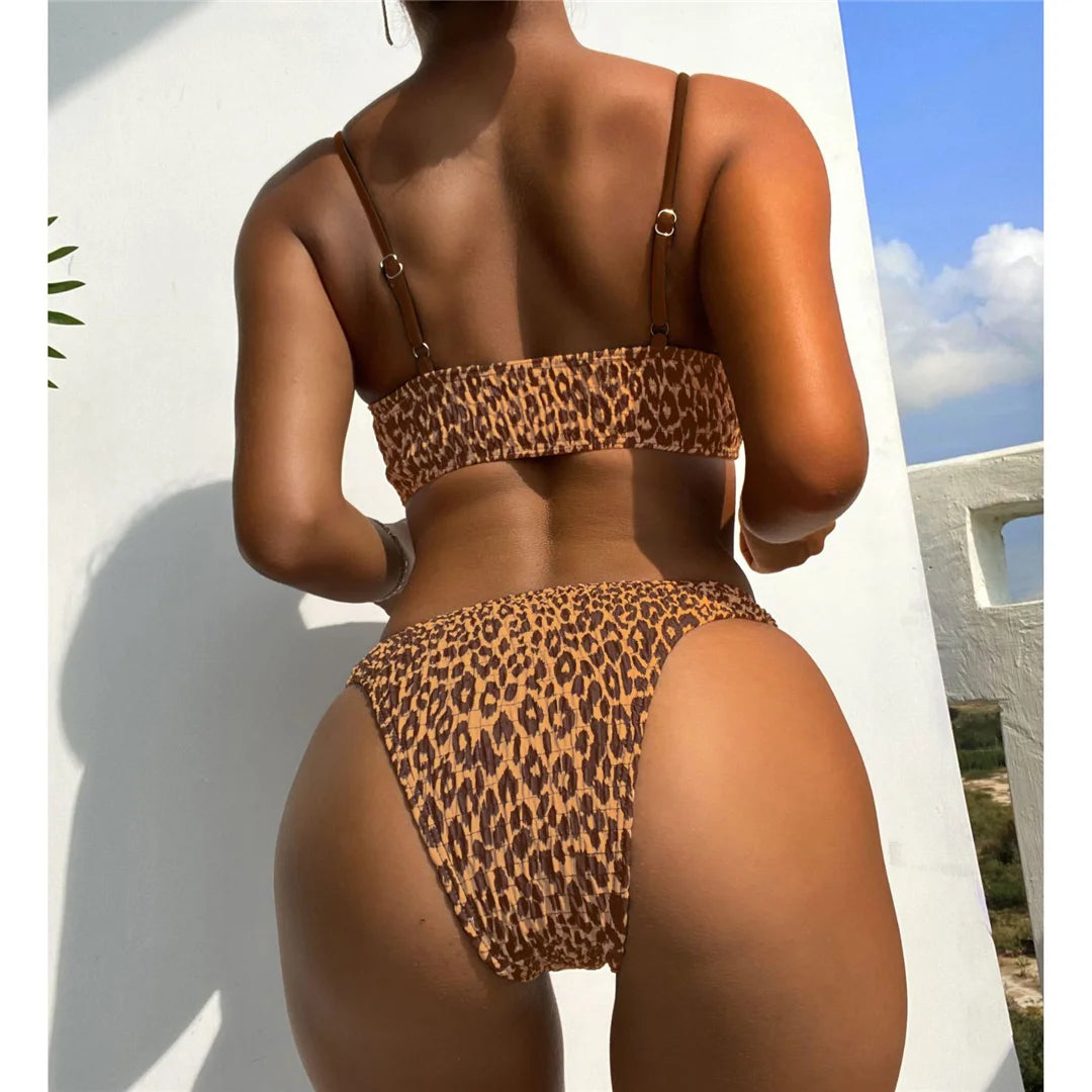 Leopard Printed Wrinkled Brazilian Bikini Set in Coffee Leopard, Pink Leopard, and Black Leopard, Made of Nylon and Spandex, Wire Free and Low Waist, Fits True to Size for Women aged 18-35 and Adults, Available in Stock with Free Shipping