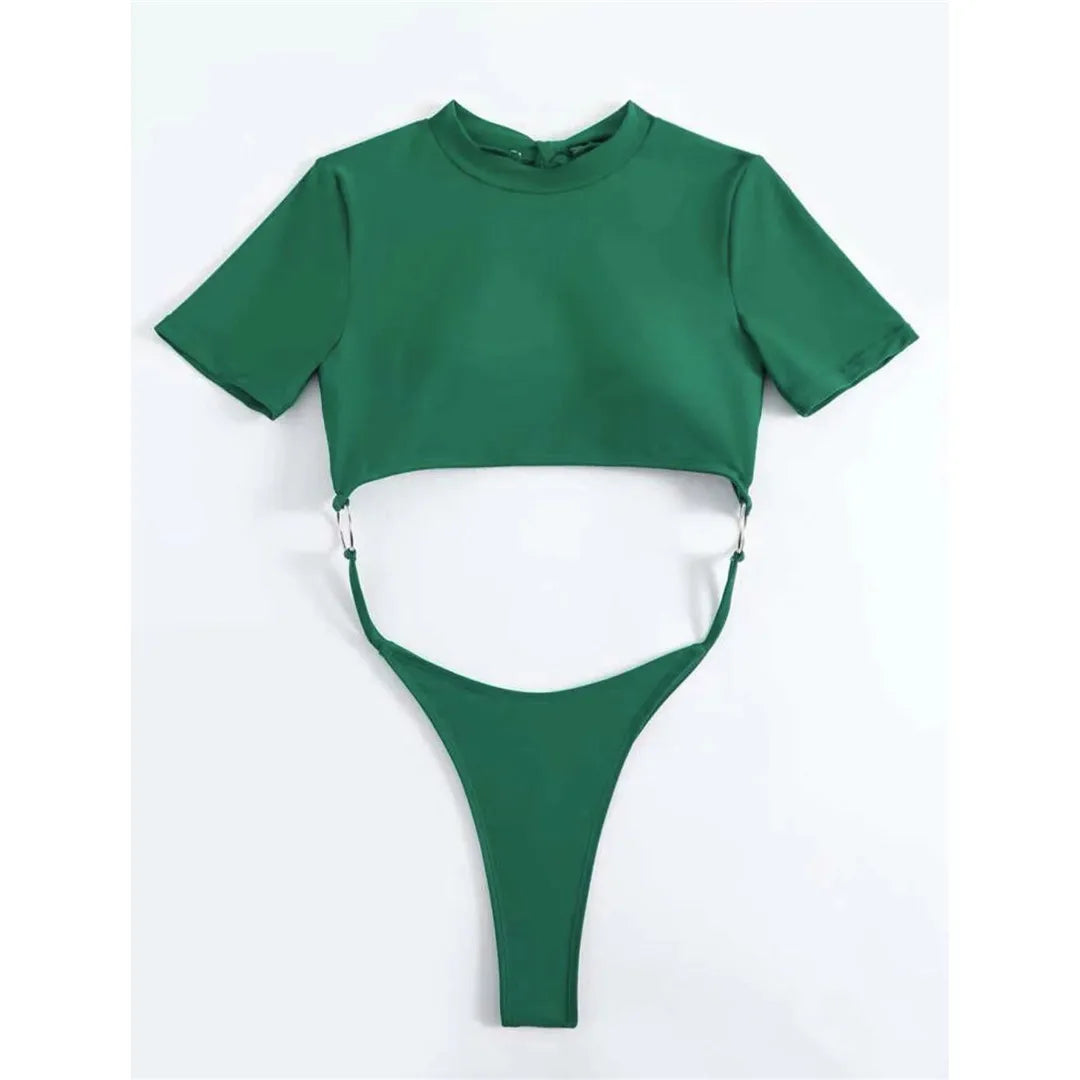 Elegant Short Sleeve One Piece Swimsuit for Women, Combining Mini Micro Thong Cut with Full Top Coverage, Made of Nylon and Spandex, Solid Pattern, Free Support, True to Size, Sleek Design for a Sophisticated Poolside Style, Available in Sizes S, M, L, and XL, Comes in Colors Black, Blue, Coffee, Green, Pink, Red, White, Hot Pink, and Lake Blue