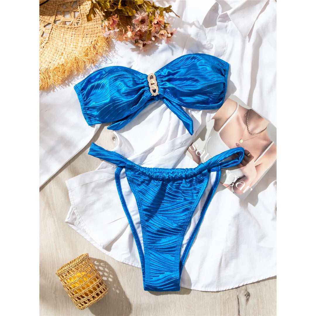 Rhinestone Diamond Bandeau Bikini Set with High Cut Bottoms, Made of Nylon and Spandex, Fits True to Size for Women aged 18-35 and Adults, Comes in Solid Blue, Available in Stock with Free Shipping