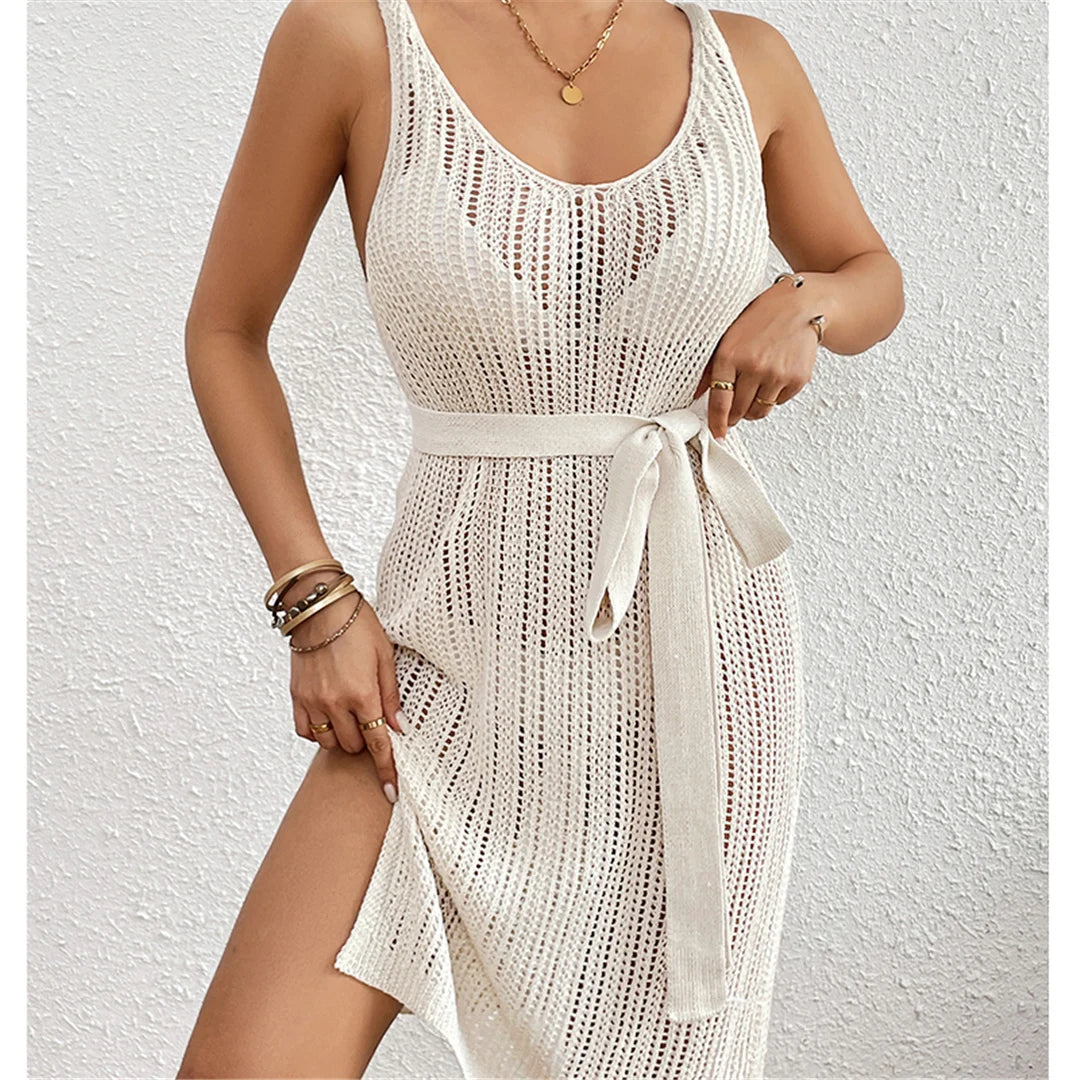 3 Colors Hollow Out Crochet Tunic Beach Cover Up with Belt in Black, White, and Beige, Made of Nylon, Polyester, Cotton, Fits True to Size for Women aged 18-35 and Adults, Available in Stock with Free Shipping