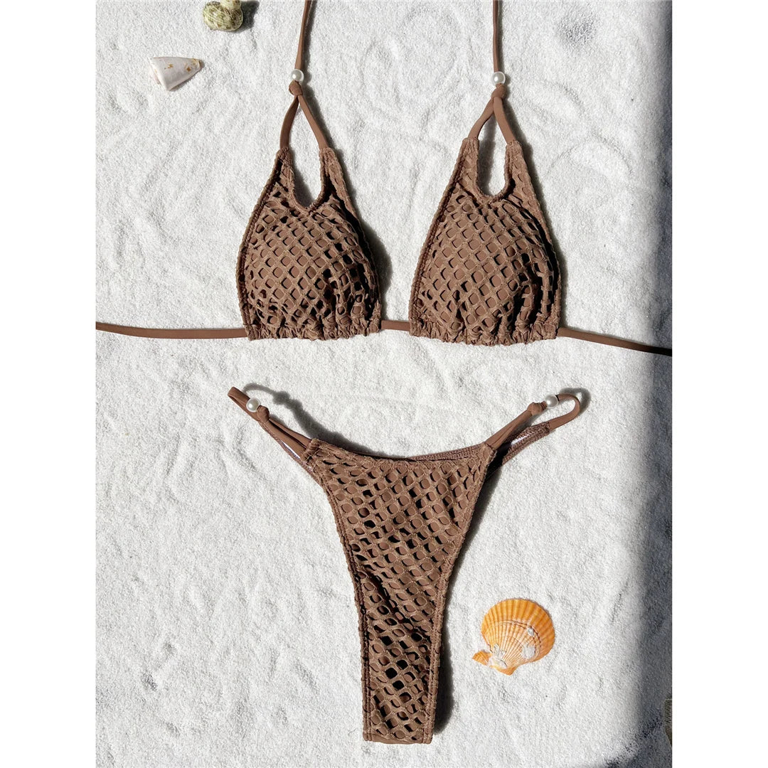 Mesh fishnet halter bikini set, high-cut design, polyester spandex blend, wire-free support, low waist, women's solid two-piece swimwear, bold and contemporary fashion.