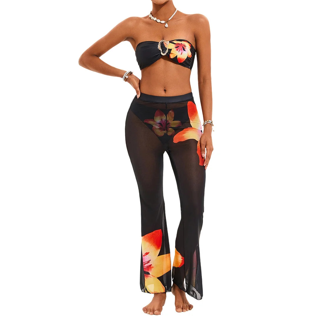 Floral Printed Bikini Set with Pants featuring vibrant prints, low waist bottoms, coordinating pants for versatility, perfect for stylish beach transitions.