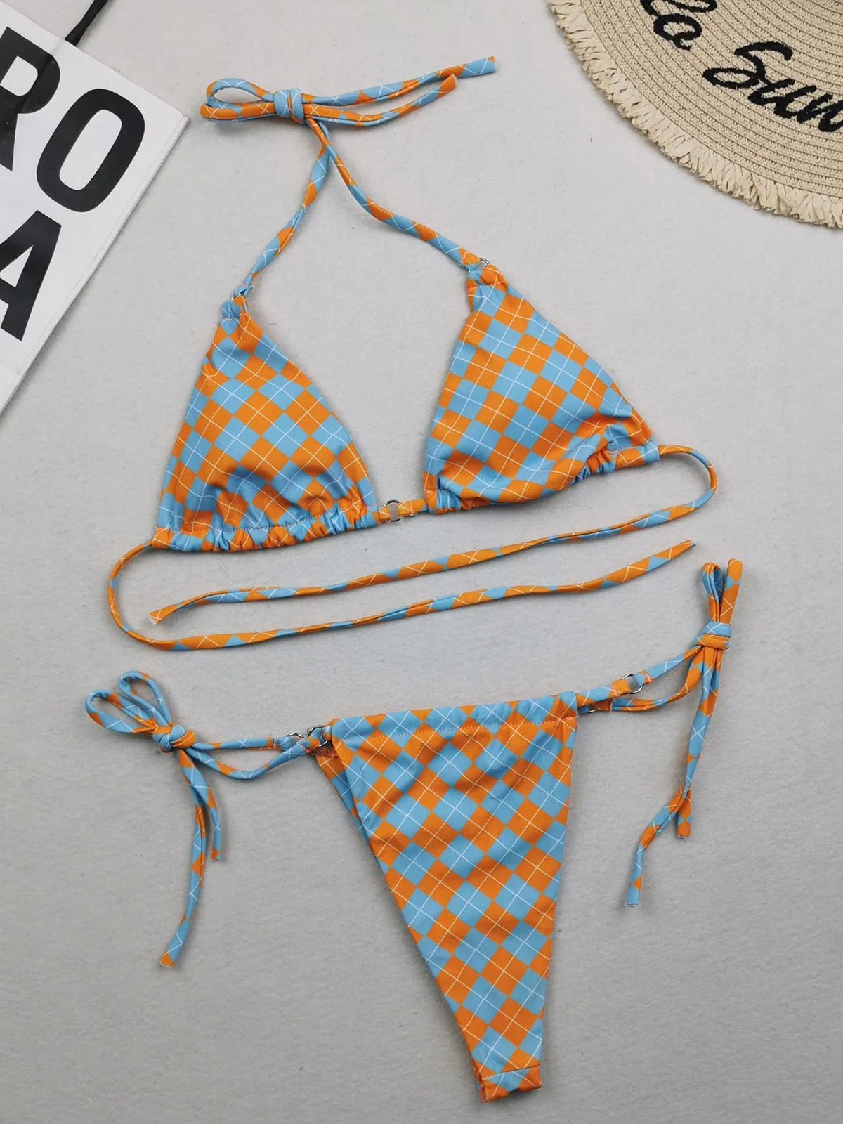 Two-Piece Polka Dot and Floral Bikini Set with a Halter Neck Design, Available in Sizes S through XL, Fashioned from Nylon and Spandex, Suitable for Women, Wire Free with Low Waist Design, Comes with Pad, Fits True to Size. Comes in Multiple Colors such as Yellow, Multicolor, Wheat, Pink, Watermelon Red, Red, Black, Blue, Coffee, Green, Orange, Purple, and in Different Patterns like Flowers, Dots, Plaid, Diamond, and Printed Design.