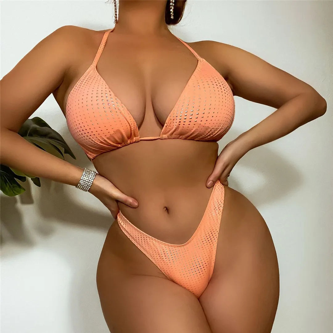 Sparkling Glitter Halter High Leg Cut Bikini Set for Women, Solid Peach Two-Piece Swimsuit, Wire Free with Low Waist, Fits True To Size, Available in Size S to L, Perfect for Sun-Kissed Beach Days
