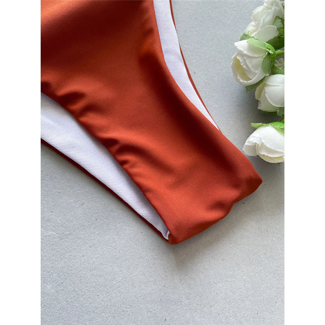 Elegant Splicing High Leg Cut One-Piece Monokini in Brown, Made of Nylon and Spandex with Patchwork Pattern, Includes Pad for Support, Ideal for Women, Available in Sizes S to L, Combines Timeless Style and Modernity