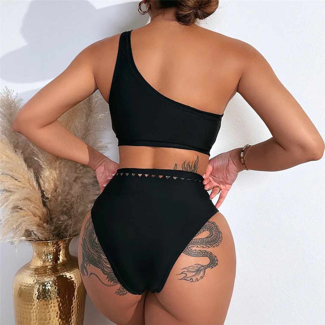 Hollow Out One Shoulder Bikini Set for Women, High-Waisted Black Swimwear with Contemporary Design, Elegant and Sophisticated Two-Piece for Modern Beach Style