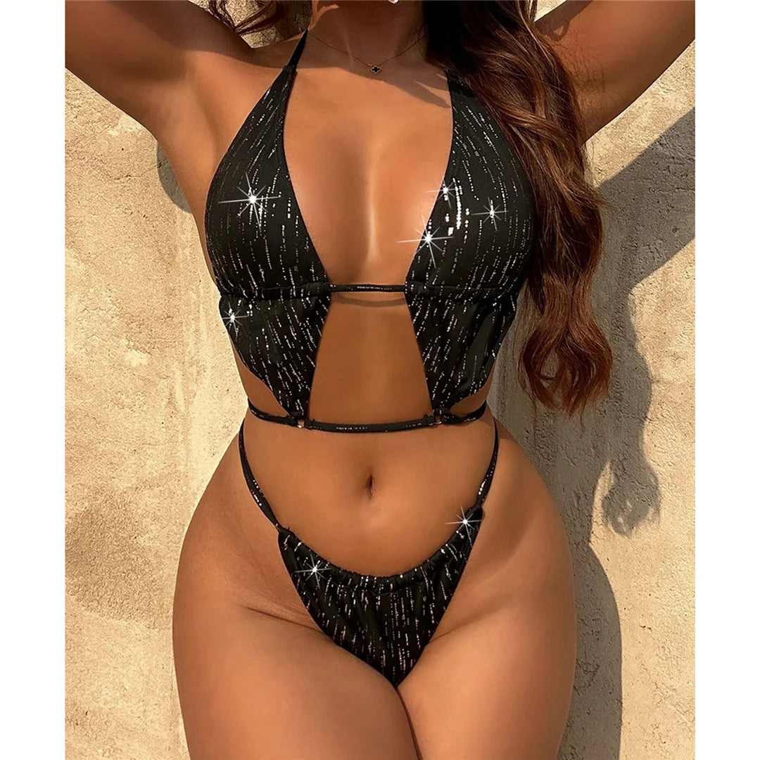 Confident and Striking Halter Sparkling High Leg Cut Bikini Set for Women - Two-Piece Black Swimwear Made from Nylon and Spandex, Wire Free, Low Waist, True to Size - Available in Sizes XS to L