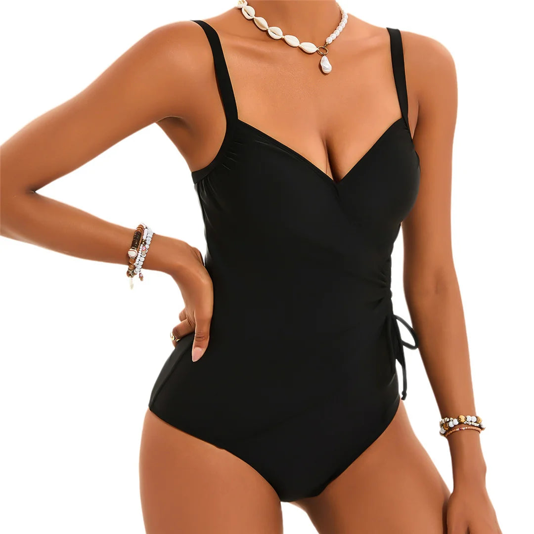 V-neck knotted high-cut leg one-piece swimsuit with padded support and elegant black design for women.