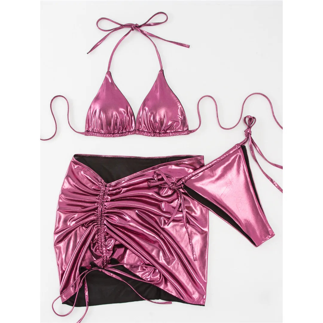 Edgy Three-Piece PU Faux Leather Halter Bikini with Coordinating Skirt for Women - Unique Swimwear in Purple Red and Multicolor, Made with Nylon and Spandex, Wire Free, Low Waist, True to Size