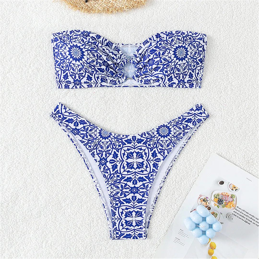 Bandeau Printed Brazilian Bikini Set for Women, Vibrant Multicolor Print in Blue and White, Wire Free Swimwear, Low Waist, Fun and Lively Summer Design, Available in Sizes XS to L