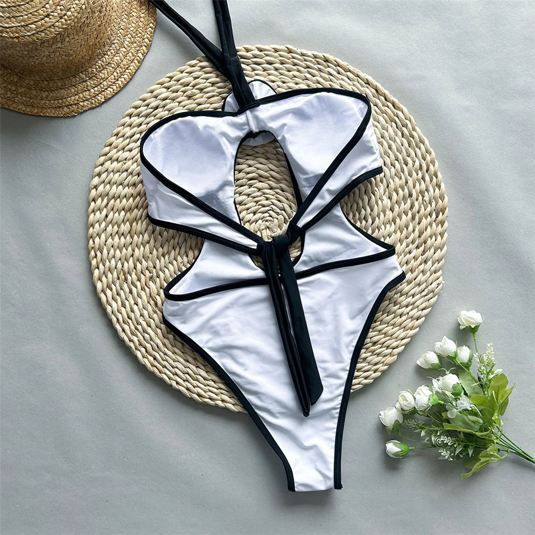 3D flower halter cut-out one-piece swimsuit, high-leg design with triangle top, adjustable straps, polyester spandex blend, monochrome solid pattern, women's chic swimwear.