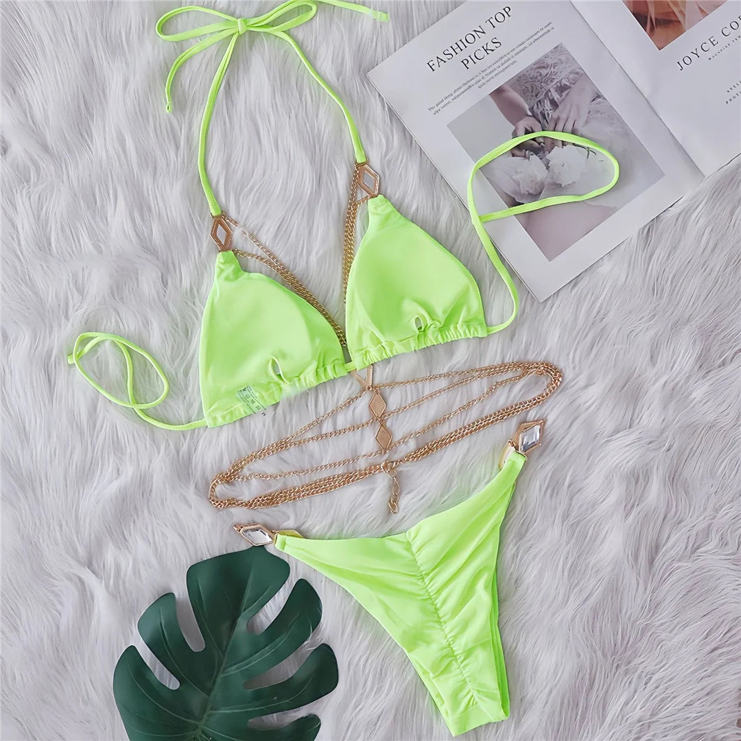 Diamond rhinestones halter bikini set, striking metal ring detail, polyester spandex blend, wire-free support, low waist, women&#39;s two-piece solid swimwear, luxurious and glamorous design.