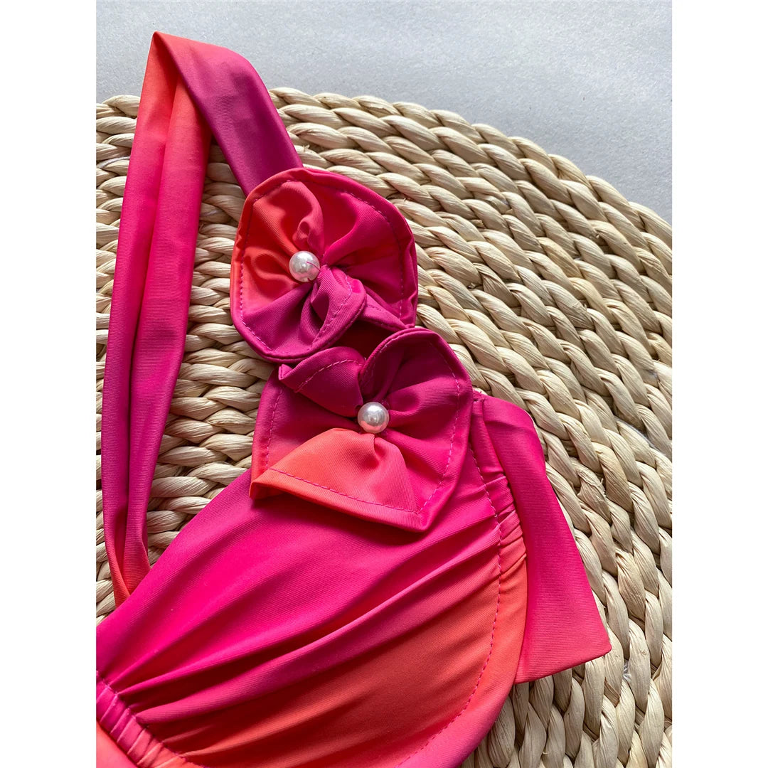 Underwired Bikini Set with 3D Flowers and Pearls in Hot Pink, Made of Nylon and Spandex, Low Waist, Fits True to Size for Women aged 18-35 and Adults, Available in Stock with Free Shipping