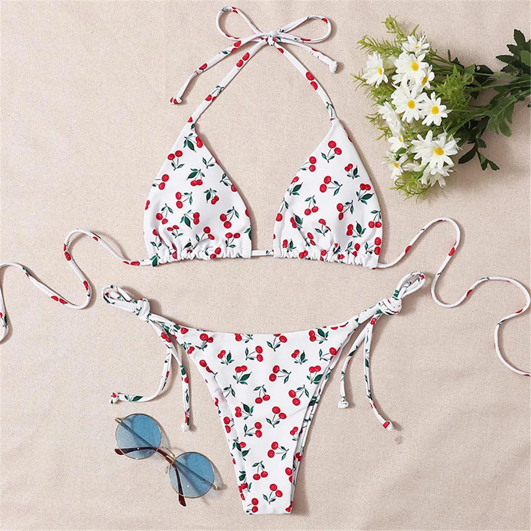 Sweet Cherry Printed Halter Strappy Bikini Set for Women - Two-Piece Swimwear with Low Waist, Made from Nylon and Spandex, Wire Free, True to Size- Available in Sizes XS to L