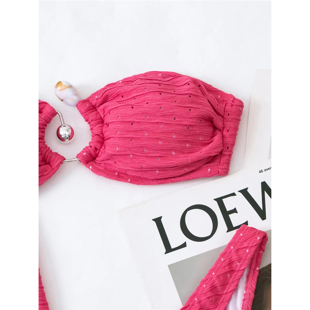 Bandeau Bikini Set with Sarong and Hollow Out Details in Hot Pink and Beige, Made from Nylon and Spandex, Three Piece Swimwear, Wire Free Support, Low Waist, Fits True to Size, Available in Sizes S to M and L, Perfect for Women, New and In Stock, Free Shipping Available