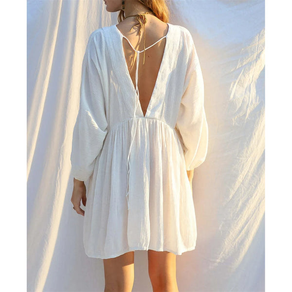 Long sleeve v-neck tunic Lace sexy beach dress See through women's swimsuit  cover up solid Female