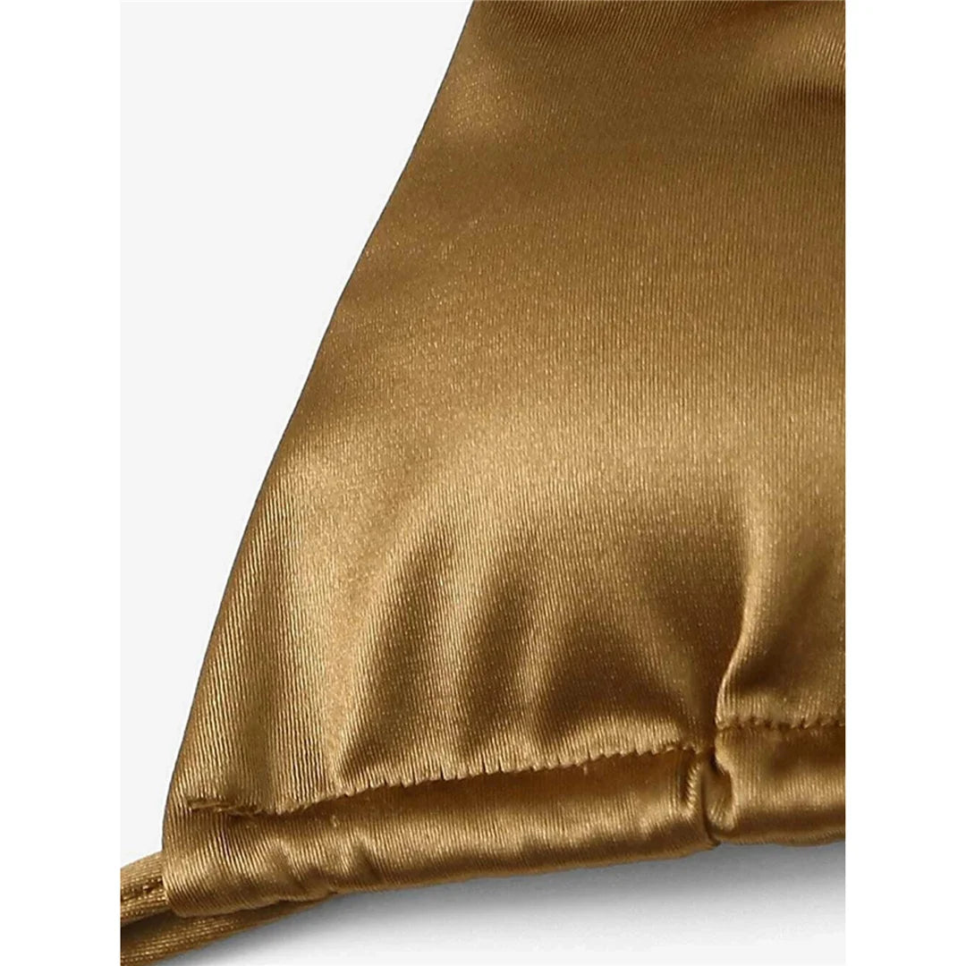 Luxurious Two-Piece Satin Halter Brazilian Padded Bikini Set for Women - Nylon and Spandex Swimwear with Wire Free Support, True to Size Fit, Low Waist - Available in Multiple Colors