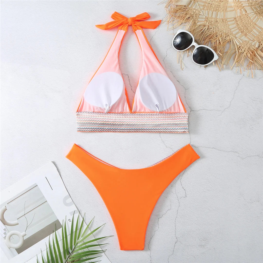 Splicing Halter Bikini Set for Women, V Neck Two-Piece Swimwear in Black, Royal Blue, Orange, Pink, and White, Low Waist and Patchwork Design for Stylish and Versatile Beachwear