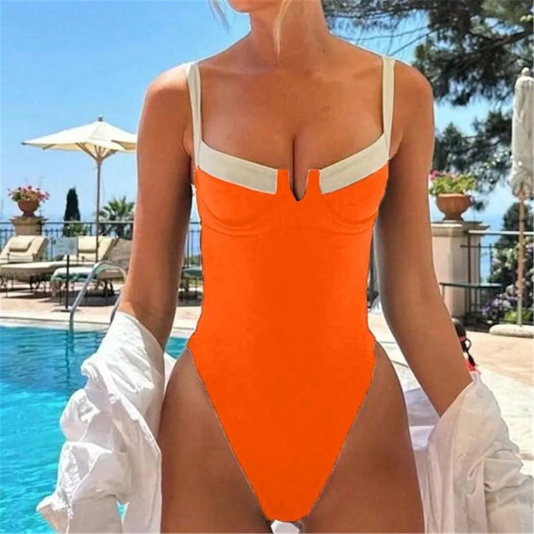 Splicing design high-leg cut one-piece swimsuit with underwired and padded support in vibrant colors for women.