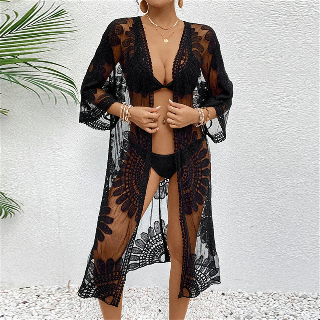 Embroidery Half Sleeve Chiffon Cardigan Tunic - Elegant chiffon beach cover-up with intricate embroidery, ideal for summer wardrobe, nylon polyester cotton blend, solid pattern for poolside or shore strolls.
