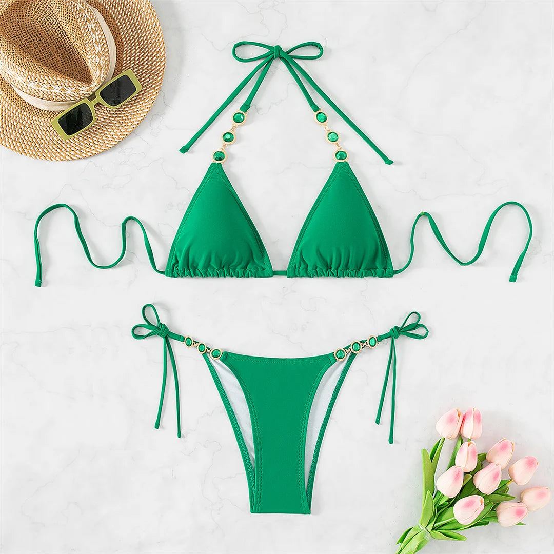Glamorous Halter Bikini Set for Women Adorned with Dazzling Diamond Rhinestones, Features a Two-Piece Design, Made from Nylon and Spandex in Solid Green, Offering Wire Free Support and a Perfect Fit, An Elegant Choice for Pool Parties or Coastal Getaways.