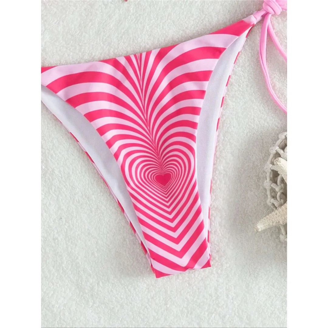 Gradient Halter Strappy High Leg Cut Bikini set with stunning gradient pattern, Polyester Spandex material, halter neckline, strappy details, wire-free, low waist design, enhances silhouette for a modern aesthetic.