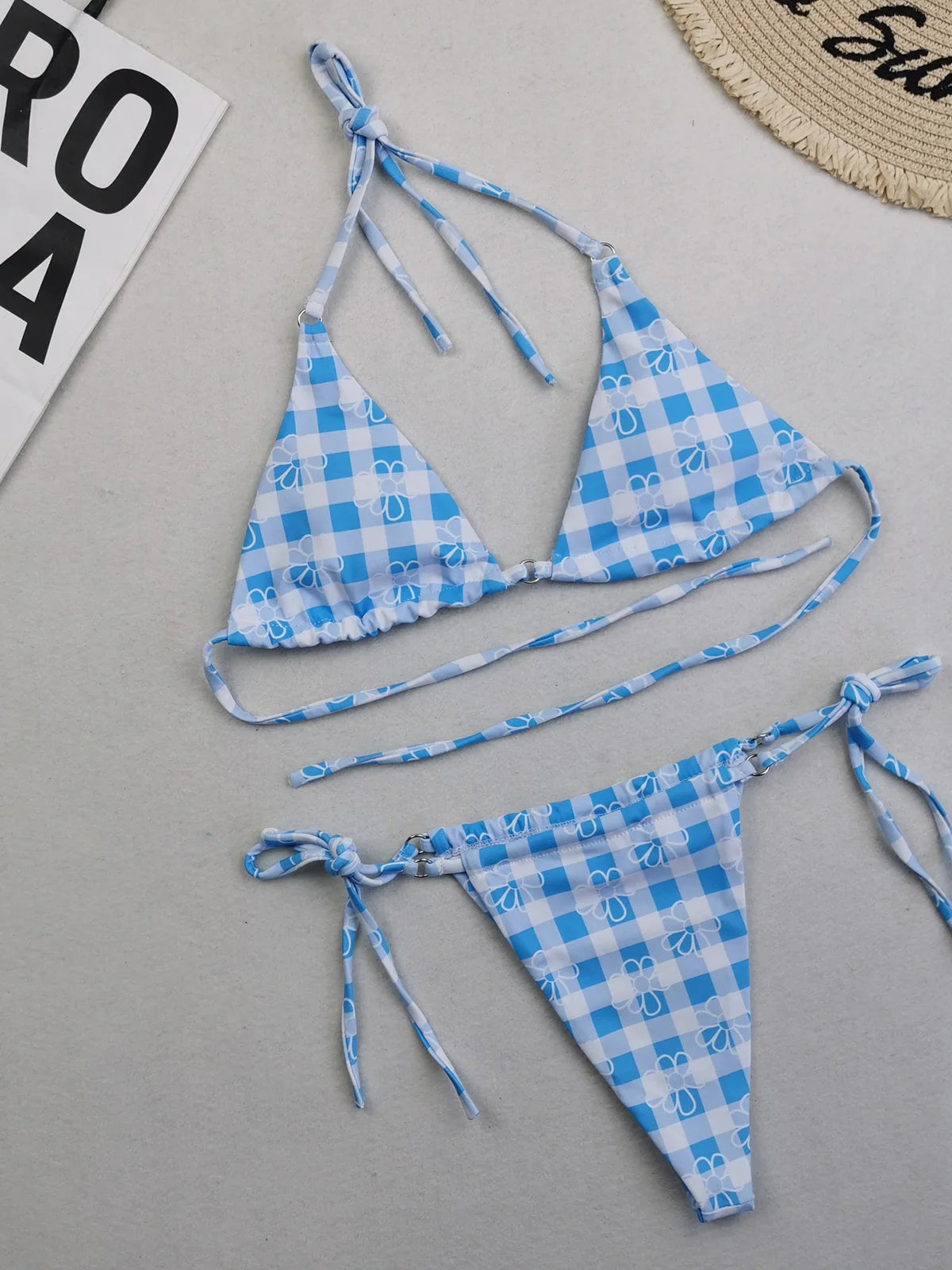 Two-Piece Polka Dot and Floral Bikini Set with a Halter Neck Design, Available in Sizes S through XL, Fashioned from Nylon and Spandex, Suitable for Women, Wire Free with Low Waist Design, Comes with Pad, Fits True to Size. Comes in Multiple Colors such as Yellow, Multicolor, Wheat, Pink, Watermelon Red, Red, Black, Blue, Coffee, Green, Orange, Purple, and in Different Patterns like Flowers, Dots, Plaid, Diamond, and Printed Design.