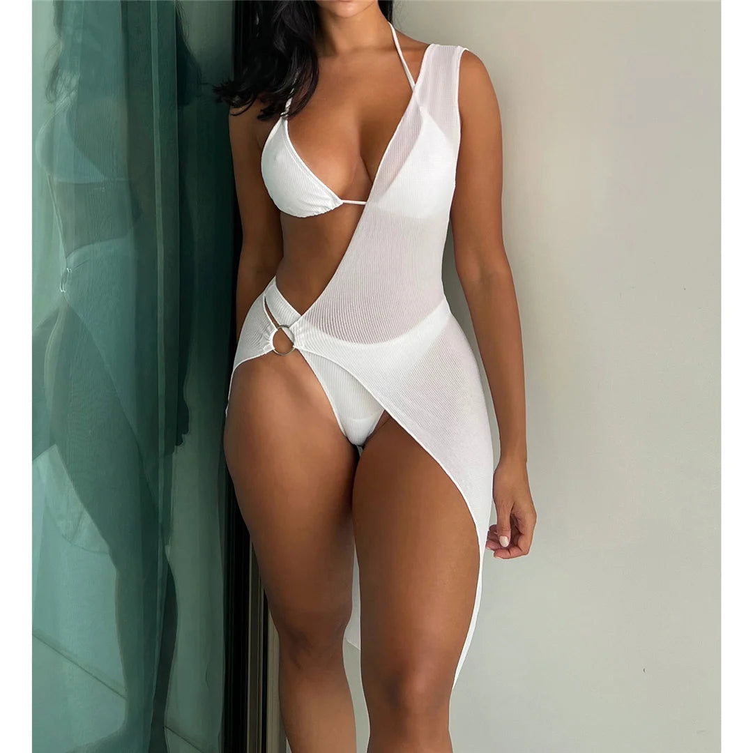 Versatile Halter Bikini Set with Stylish Cover-Up in White, 3-Piece Swim Ensemble Made of Nylon and Spandex, Wire Free Support, Low Waist Design, Fits True to Size, Available in Sizes XS, S, M, L, In Stock with Free Shipping, Ideal for Women Aged 18-35 and Adult Females